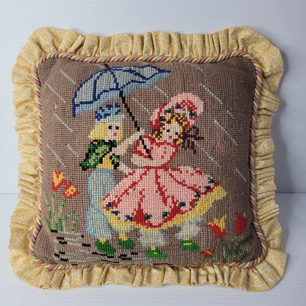 Vintage 2 Girls with Umbrella Needlepoint Pillow 13